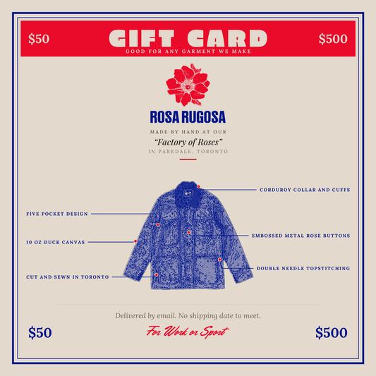 Rosa Rugosa gift card, cream card with navy chore coat illustration and red band, amounts $50 to $500
